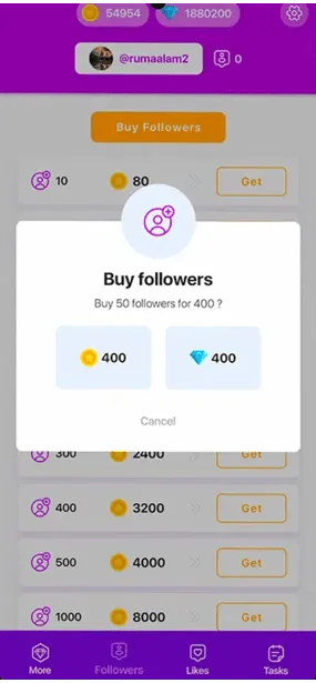 TopFollow uygulama ekran görüntüsü - coin kazanma